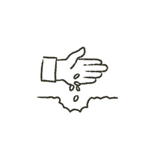 Hand legt Samen in eine flache Rille als Symbol für die Aussaattiefe