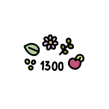 Blatt, Blüte, Kraut, Frucht und Samen mit der Zahl 1300 als Symbol für die große Sortenauswahl