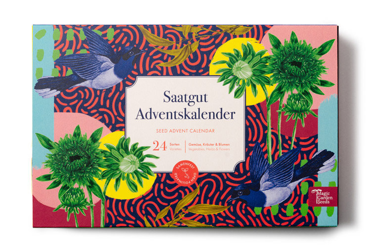 Saatgut-Adventskalender „Gemüse, Kräuter & Blumen“ mit 24 Sorten in bunt illustrierter Schachtel