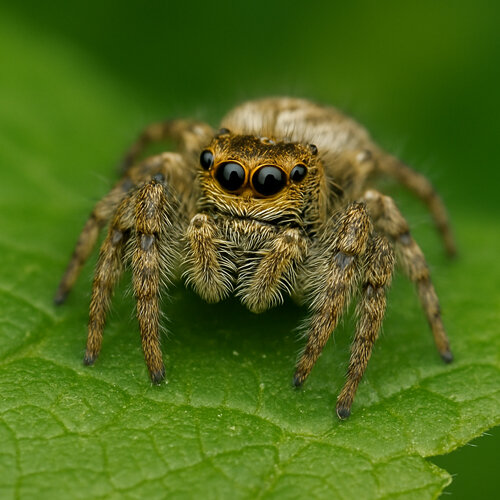 Springspinne (Salticidae) mit großen Frontaugen auf einem grünen Blatt