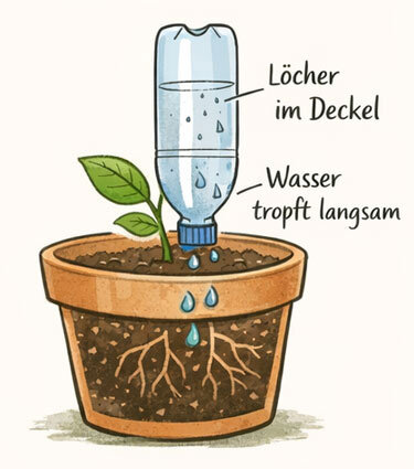 Grafik: umgedrehte PET-Flasche mit Löchern im Deckel gibt langsam Wasser an die Topferde ab