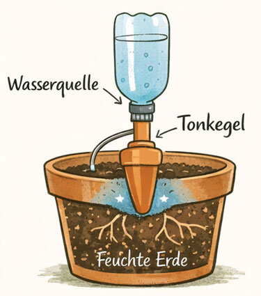 Grafik: Tonkegel im Blumentopf, verbunden mit einer Wasserflasche, hält die Erde gleichmäßig feucht
