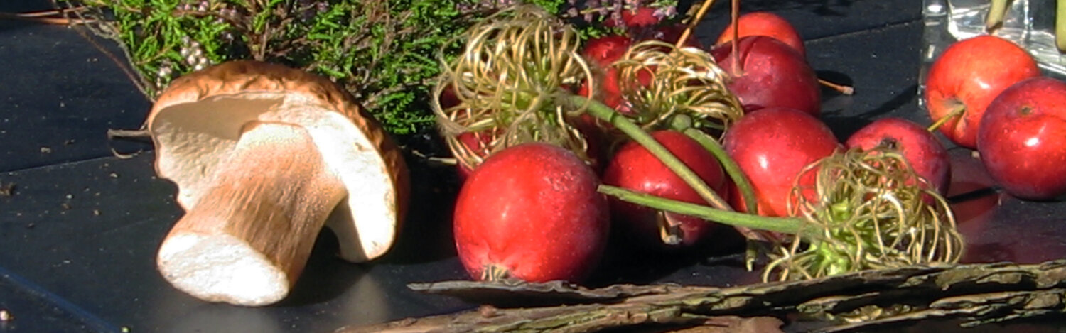 Typische Herbstdeko auf einem Tisch - Aepfel, ein Pilz, Heide