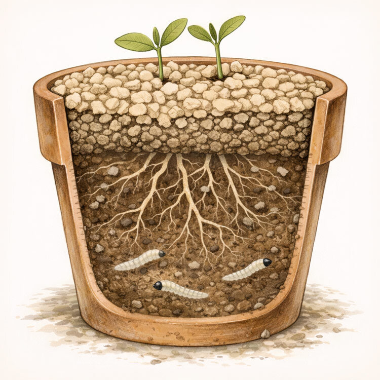 Querschnitt durch einen Blumentopf mit Trauermueckenbefall